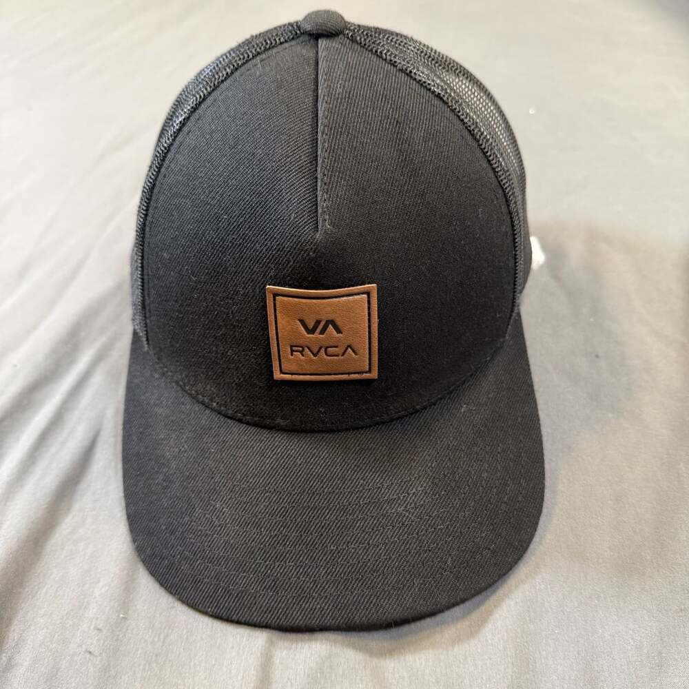 RVCA VA Black Trucker Hat Brown Leather Patch Mesh Snapback Mid Fit Cap